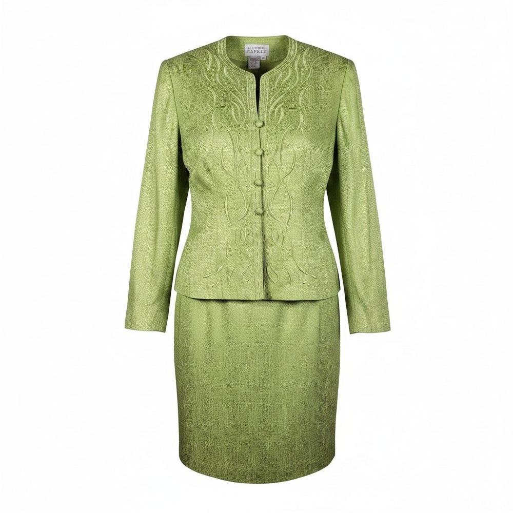 Adrianna Papell 10 Green Silk Beaded Jacket & Sleeveless Dress Suit Formal